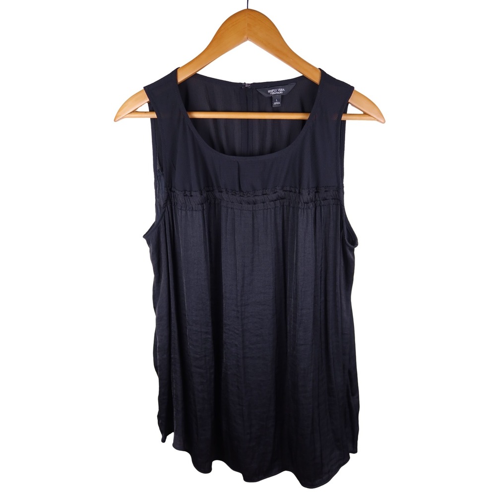 Simply Vera Vera Wang Black Satin Pleated Sleeveless Blouse Size Large L